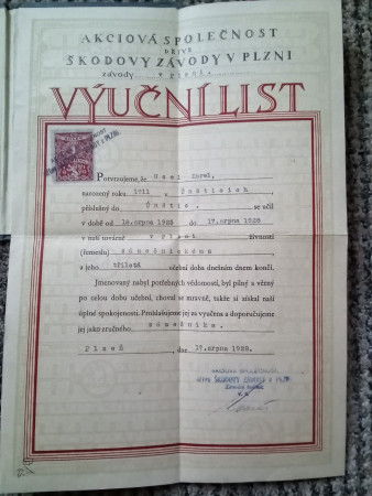 ŠKODA 1928 - výuční list v řemesle zámečnickém